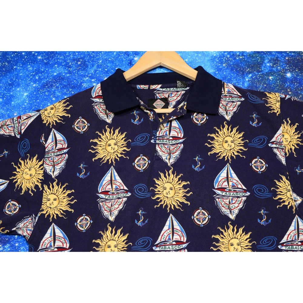 Vintage Tabasco Polo Shirt Mens XL Blue Nautical Sun Sailboat Print Graphic‎ 90s - Picture 2 of 8